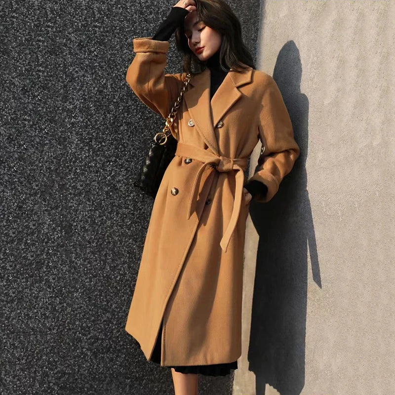 Winter Fashion Faux Woolen Coats Women Korean Elegant Solid Thick Belt Long Jacket Y2K Ladies Loose All Match Blends Outwear New voguable