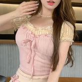 Voguable 2024 Summer New Korean Contrast Color Lace Patchwork Pleated Casual Short-sleeved T-shirt Women + Sexy Slim Skirt Two-piece Suit voguable