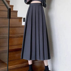 Temperament Autumn New Suit Skirts Women Solid Elastic High Waist Pleated Fashion Office Lady A-line Mid-length Pleated Skirt voguable