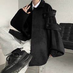 Streetwear Woolen Coat Men's  Autumn Winter Minority Lapel Jacket American Retro Loose Casual Asymmetrical Jacket