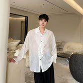 Voguable Stylish High Quality Organza Translucent Long Sleeve Shirts Men's 2024 New Fashion Solid Color Ruched Design Tops voguable