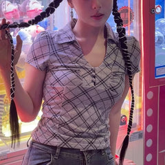 Voguable Vintage V-neck Buttons Casual Striped Short-sleeved T-shirt Women 2024 Summer New Streetwear Sexy Slim All Match Crop Tops voguable