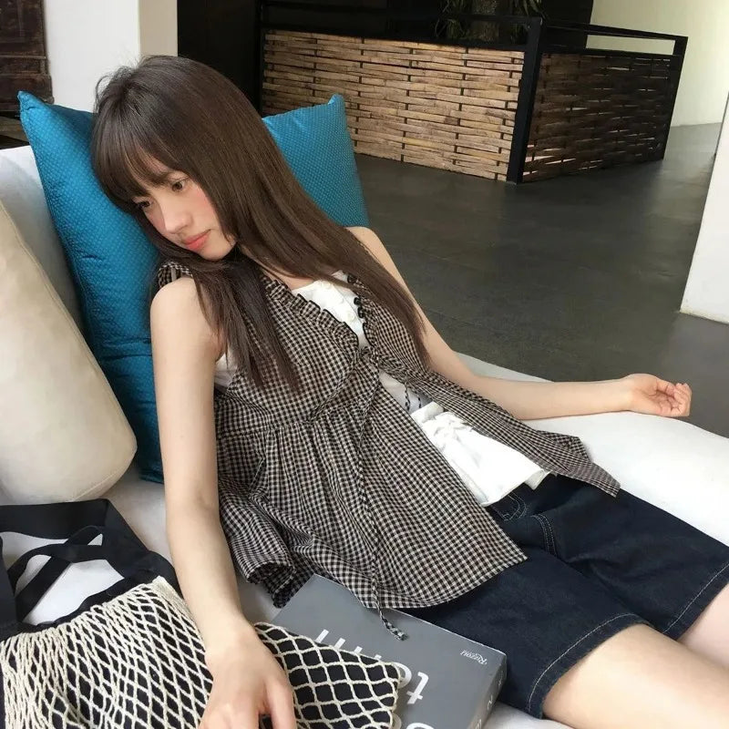 Korean-style Two-piece Small Camisole Plaid Vest Set for Women, Summer High-end Slim Cardigan Top voguable