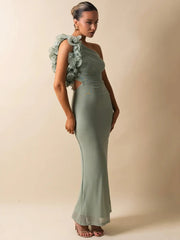 Shoulder Floral Mesh Ruched Sexy Maxi Dress For Women Gown Oblique Shoulder Sleeveless Backless Bodycon Long Dress voguable