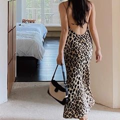 Women Sexy Backless Leopard Print Sling Dresses Fashion Swinging Collar Night Out Party Dresses Midi Long Robe