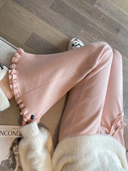 Ruffles Knitted Flare Pant Women High Waist Fashion Loose Fall Winter Trousers Korean Chic Elegant Lady Sweet Solid Pants voguable