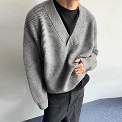 New American Vintge Men V Neck Sweaters Casual Drooping Solid Color Long Sleeve Knitwear Premium Quality Knitted Pullovers M-2XL voguable