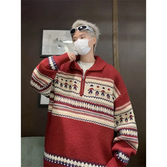 2024 New Year Striped Christmas Sweaters Men Lapel Zipper Pullover Women Autumn Winter Loose Niche Couple Knitted Sweater Coat voguable