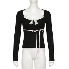 Voguable Y2K Contrast Color Lace Patchwork Top Women Autumn Spring Ribbon Lace-up Bow Coquette T-shirts Cute Causal Basics Tees voguable