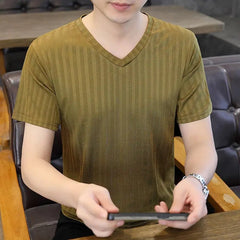New Ice Silk Mesh Hollow V-Neck Tshirts Lightweight Leisure Breathable Stripe Solid Basic T-shirt Men Clothing Quick-dry T Shirt voguable