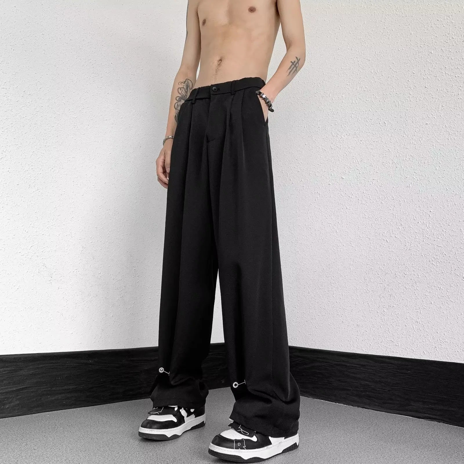 Summer Thin Mens Pants Elastic Waist Straight High-end Drape Niche Design Ice Silk Loose Casual Streetwear Men Wide Leg Pants voguable