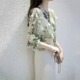 Voguable Women's Green Floral Print Sheer Chiffon Crew Neck Long Sleeve Blouse with Ruffle Trim Casual Top voguable