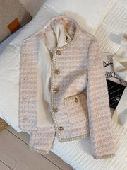 Pink Women Sweet Tweed Jacket Vintage Long Sleeve Slim O Neck Coat Korean Fall Winter Retro Small Fragrance Elegant Tops voguable
