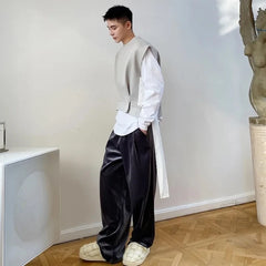 Voguable Pleated Ribbon Patchwork Design Fashion New Sleeveless Vests Original Personality Trendy Men High Street Waistcoat voguable