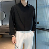 New Long Sleeve Men Shirt Ice Silk No Iron Simple Lapel Hidden Button Business Casual Autumn Solid Color Men Dress Shirt voguable