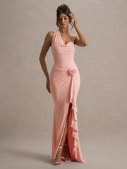 High Slits Irregular Collar Elegant Dress Women 3d Flowers Ruffles Lace-Up Halter Backless Temperament Banquet Vestidos voguable