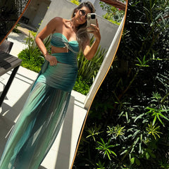 2Pcs Hollow Swimsuit With Long Skirt Women Sexy Swimwear Female Bikini Cut Out Biquini Swim Suit Shiny Star Bodysuit Beachwear voguable