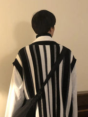 Knitted Sweaters for Men Y2k Vintage Waistcoat Man Clothes Striped Sleeveless Vest Aesthetic Black Korean Fashion Casual Cotton voguable