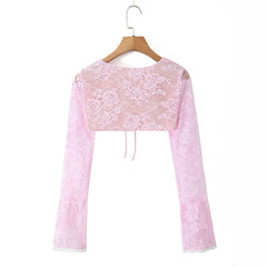 Women Sexy Elegant 2pcs Pink Lace Dresses Thin Straps + Long Sleeve Crop Top Christmas Party Mini Dress Birthday Robe