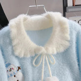 Voguable Women Knitted Sweaters Sweet Snowman Print Hairball Lace Up Patchwork Pullovers Loose Casual Solid Chic Peter Pan Collar Jumpers voguable