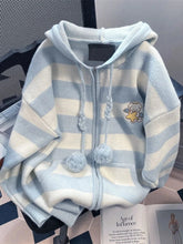 Cartoon Striped Hooded Cardigan Women Loose Cute Long Sleeve Sweet Knitted Sweater Preppy Style Female Kawaii Vintage Tops voguable