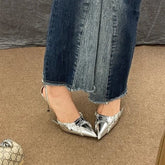 Silver High Heels Sandals Women Summer Punk Goth Pointed Toe Party Shoes Woman Metallic Thin Heeled Dress Pumps Ladie voguable