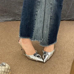Silver High Heels Sandals Women Summer Punk Goth Pointed Toe Party Shoes Woman Metallic Thin Heeled Dress Pumps Ladie voguable