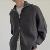 Solid Color High Collar Double Zipper Sweaters Cardigan Jacket Men and Women Autumn New Loose Couple Oversized Knitted Sweater voguable