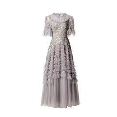 Fashion Women Dress Short Sleeve Round Neck Lotus Leaf Edge Lace Splicing Sequins Female Party Dress New Tide voguable