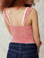 Summer Women Gingham Tank Top Y2k Lace Trim Cami Top Sleeveless Plaid Camisole Coquette Shirts Cute Smocked Tops Streetwear voguable