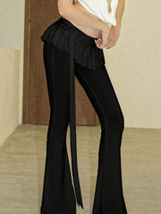 Voguable Black Lace Up Ruffled Skirt Pants Low Waist Women Coquette Y2K Streetwear Wide Leg Trouser Fashion Flare Pants Harajuku voguable