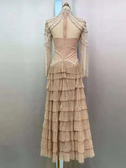 Solid Beaded Design Dresses For Women Round Neck High Waist Long Sleeve Elegant Dress Female Spring 2025 New voguable