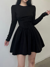 Black Long Sleeve O Neck Pleated Dress mysite