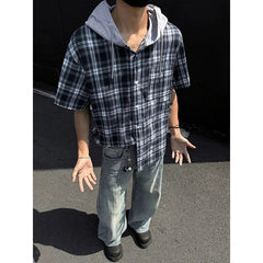 Summer Short Sleeved Shirt Men Fashion Retro Casual Hooded Shirt Men Streetwear Korean Loose Plaid Shirts Man Large Size 4XL voguable