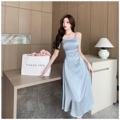 Voguable New Solid Color Sling Dress Women's Summer Korean Elegant Lady Pleated Dress Fashion Beach Sexy Backless A-line Dresses voguable