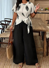 Voguable Women's plus size casual printed side tie irregular top and black pants set for spring/summer voguable