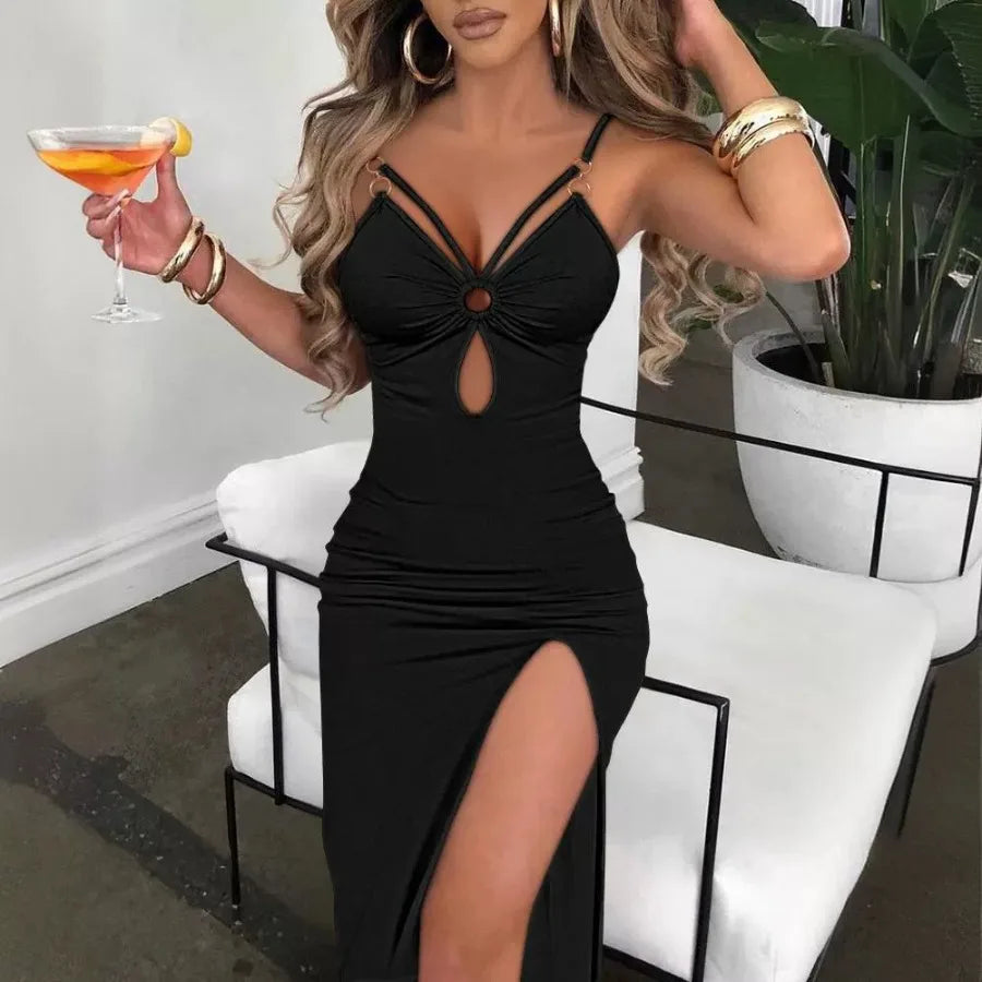 Voguable European and American suspenders hollowed out tight split sexy dress hip skirt voguable