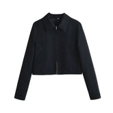Autumn Women Navy Blue Short Lapel Collar Jacket Coat Long Sleeve With Zipper High Street Outerwear Chic Lady Outfits