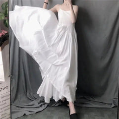 White Camis Dress Women Summer Korean Elegant Irregular Black Long Beach Dress Vintage Loose Solid All Match A Line Dress voguable