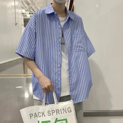 Japanese Style Simple Striped Short Sleeve Shirt For Men Summer Korean Trendy Loose Fit Casual Jacket voguable