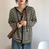 Voguable Autumn New College Style Stripe Hooded Sweater Coat Women's Contrast Color Zipper Pockets Loose Lazy Long Sleeved Knit Cardigan voguable