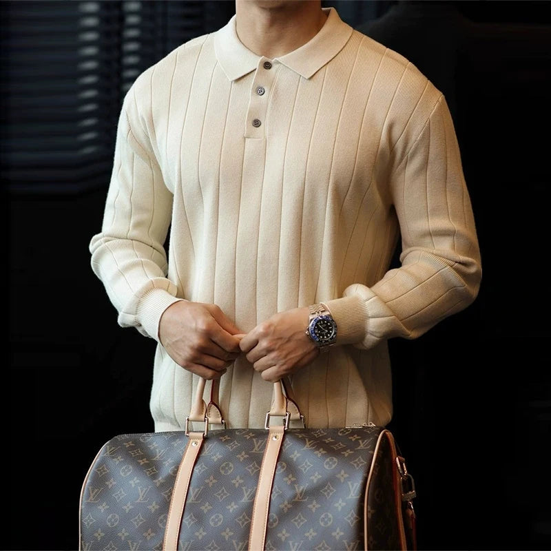New Japanese Business Men Polo Sweater Light Luxury Knit Slim-fit Long Sleeve Pullover Premium Solid Color Basic Knitwear M-3XL voguable