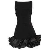 Spring French Style Splicing Halter Dress Woman Backless Slash Neck Solid Sleeveless Short Dresses Wave Cut voguable