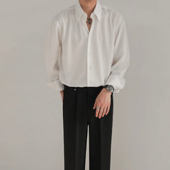 Black White Shirt Men Fashion Social Mens Dress Shirt Korean Loose Long Sleeved Shirt Mens Office Formal Shirts Ice Silk M-2XL voguable