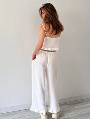 100% Cotton Ruffle Camisole And Loose Long Trouser Two Piece Set 2025 New Casual Summer Women Sets Homewear Sleepwear Pajamas voguable