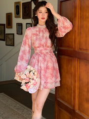 French Print Elegant Dresses For Women Fashion A-Line O-Neck Lantern Sleeve Slim Waist Short Vestidos Casual Holiday Summer New voguable