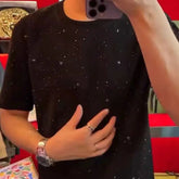 Men's T-shirt Summer High Quality Round Neck with Hot Diamond Pentagram Printing Trend Slim Fit Cotton Black Short Sleeve Tee voguable