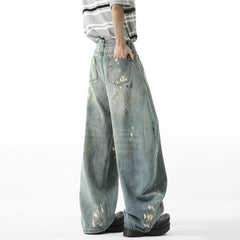 Men Blue Washed Denim Jeans Loose Fit Wide Leg Baggy Streetwear Casual Trousers Hip Hop Graffiti Design Fashion Stretch Comfort voguable