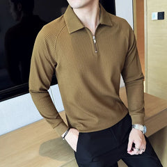 Men High Elastic Long Sleeve Polo Shirts 2024 Autumn Winter Knitted Pullover Turn Down Collar Slim Fit Solid Casual Tee Shirt voguable