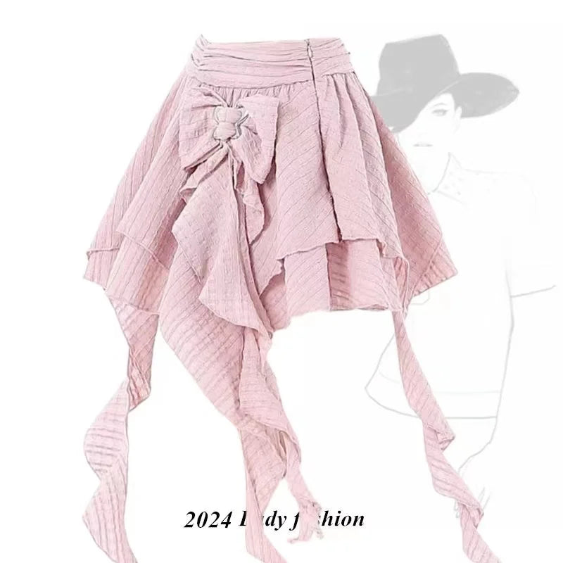 Voguable 2024 New Harajuku Women Skirt Chic A-line Korean Sweet Saia Bow Irregular Y2k Mini Skirts Ruffles Summer Jupe Fashion Clothing voguable